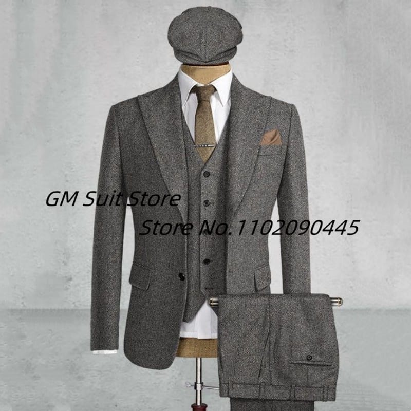 2022Men's 3-piece Suit (Jacket+Vest+Pants) Herringbone Lapel Solid Color Single-breasted Handsome British Style Suitable Wedding