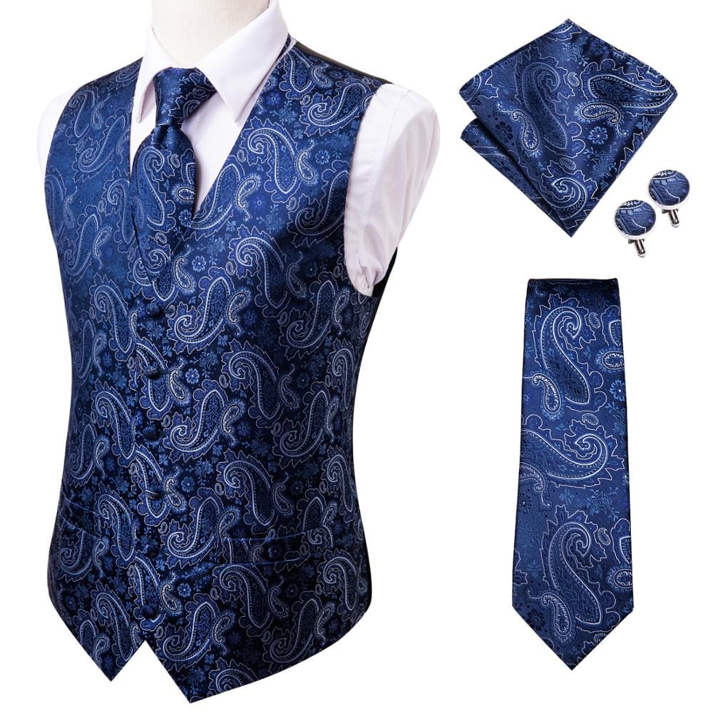 Hi-Tie 20 Color Silk Men's Vests Tie Business Formal Dress Slim Sleeveless Jacket 4PC Hanky Cufflink Blue Paisley Suit Waistcoat