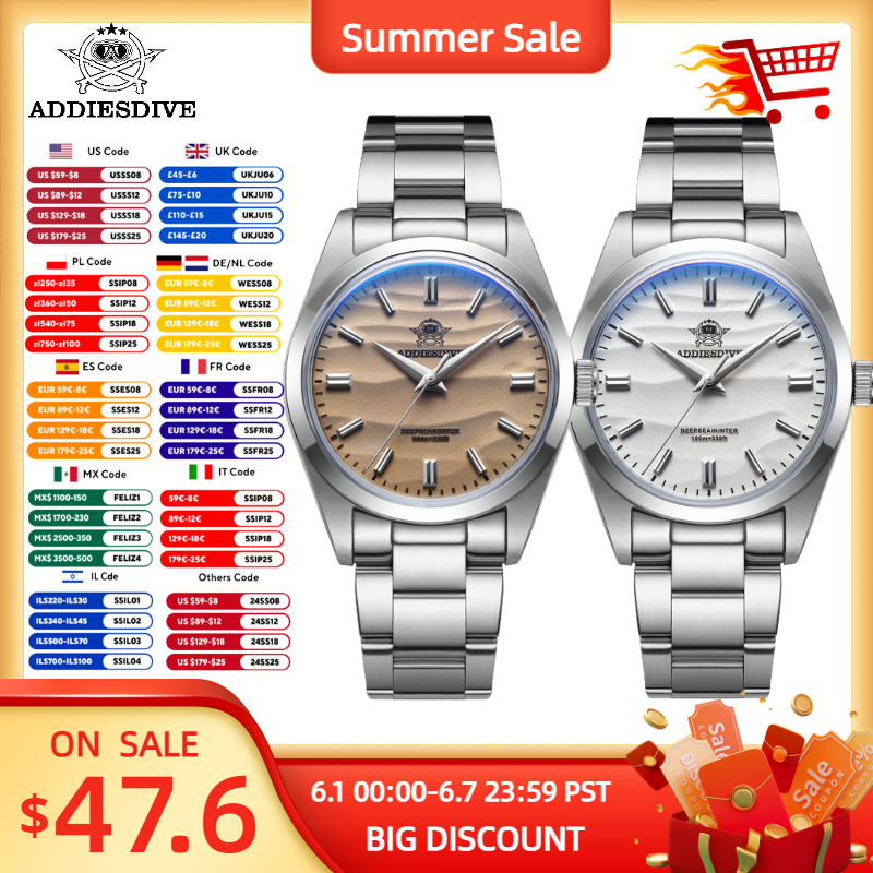ADDIESDIVE Men's Watch Sand Dial 36mm Quartz Watch 100m Waterproof 316L Stainless Steel AR Coated Dome Glass WristWatch for Men