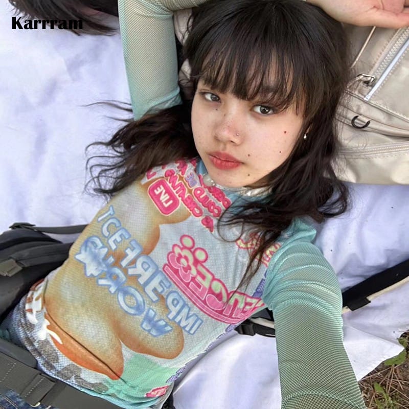 Karrram Y2k Aesthetics Mesh Tops 2000s Graphic Print T-shirts Japanese Harajuku Sheer Tops Fairyccore Shirring Tee Shirt E-girls