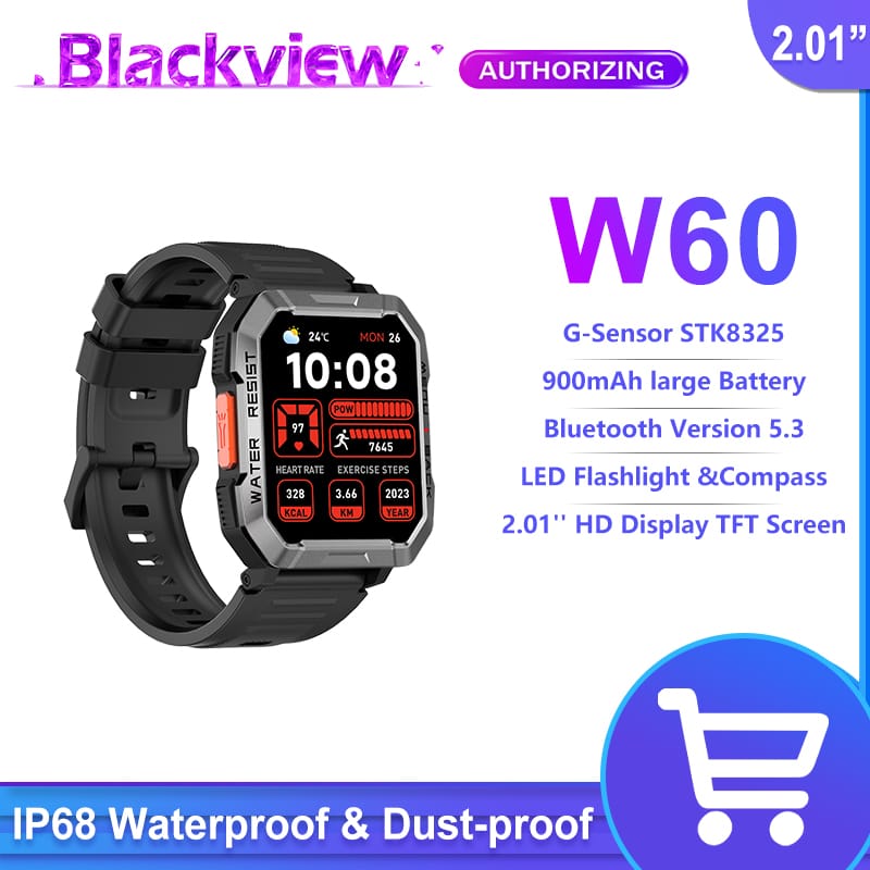 Blackview W60 Waterproof Smartwatch 2.01'' HD Display Rugged Smart Watch for Outdoor With Emergency Lighting Bluetooth Calling