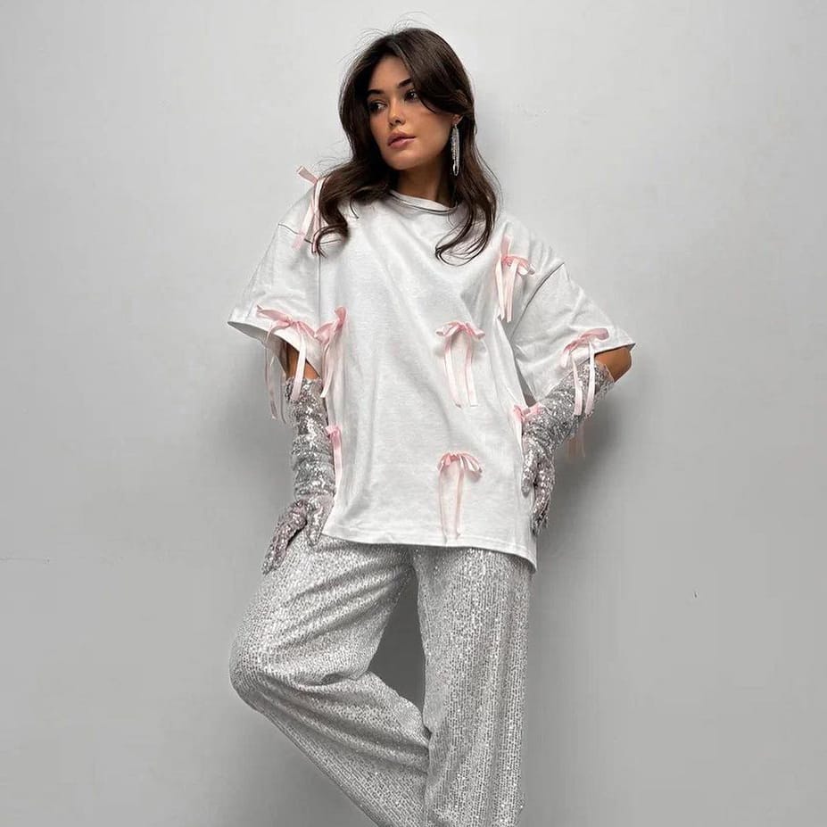 Bow-Tie Three-dimensional Decoration Tees Women Clothes Y2K Harajuku Streetwear Graphic T-Shirt Loose Casual Short Sleeves Tops