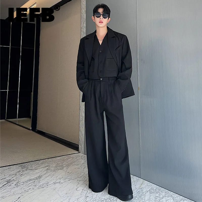IEFB Men's Fashionable Suit Three Piece Set Solid Color Trend Blazers Stylish Wid Leg Suit Pants Elgance Male Autumn New  9C2818