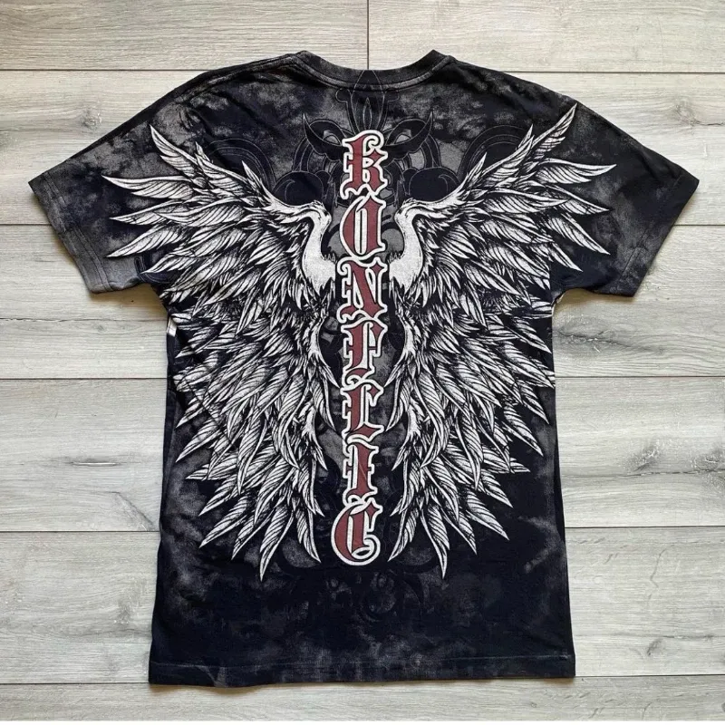 Y2K American Mens Street Printed Cotton T-shirt Hip Hop Pattern Round Neck Extra Large T shirt Harajuku Gothic Short-sleeved Top