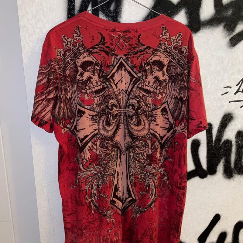 Harajuku hip-hop red skull print round neck oversized T-shirt short-sleeved gothic dark style street style versatile T-shirt