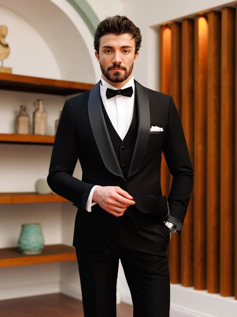 Handsome Black Slim-Fitting Tuxedo Suit for Men, Vest, Coat, Pants, Formal Occasions, Wedding, Cocktail, 3Pcs, 2024