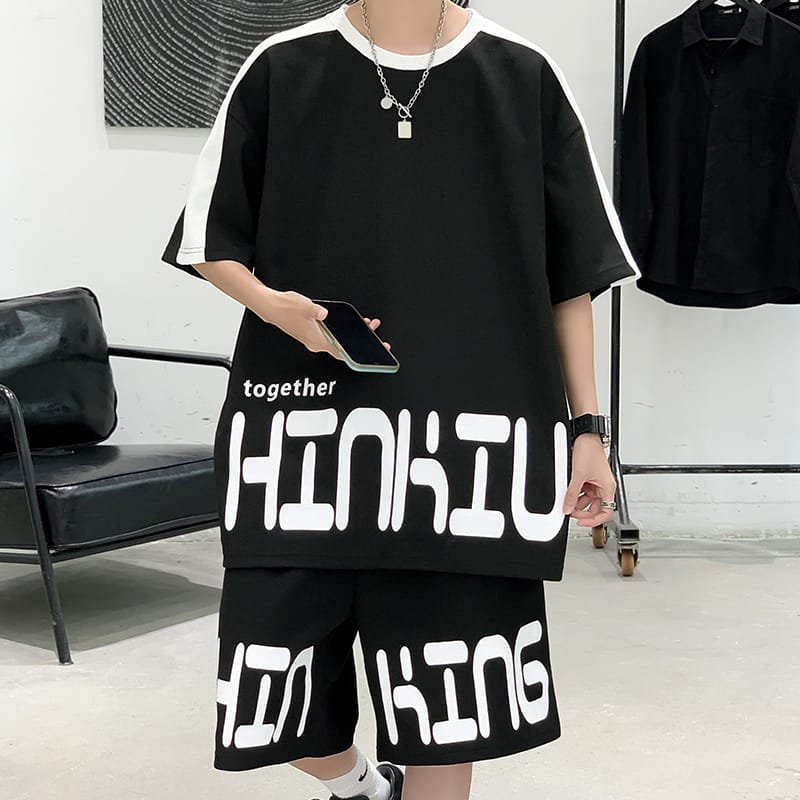 Oversized Loose Jogging Waffle Casual Suit Men Loose Korean Short-sleeve tshirt + Sports Shorts Summer Men Letter Print 2pcs Set