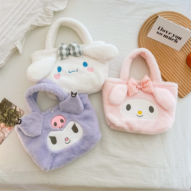 Kawaii Sanrio Plush Handbag  Kuromi Cinnamoroll My Melody Cute Anime Plush Toys Handbag Storage Bag Women Girls Christmas Gifts