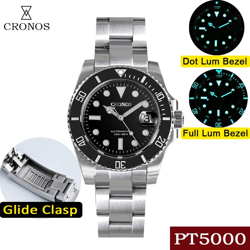 Cronos Sub Diver Men Watch Stainless Steel PT5000 Bracelet Ceramic Bezel 200 meters Water Resistant Glideclasp L6005 V3
