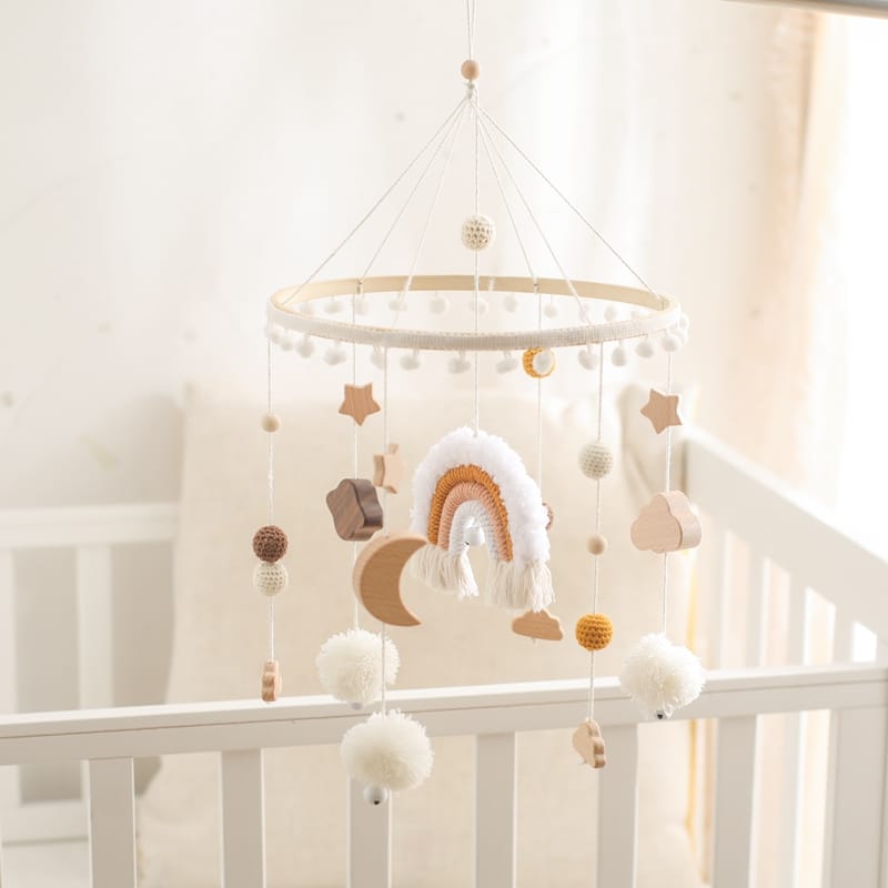 Baby Rattle Toys 0-12Months Wooden Crib Mobile Bed Bell Soft Felt Rainbow Clouds Hanging Bed Bell Mobile Crib Bracket Baby Gifts