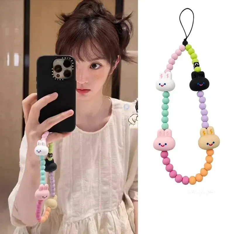 New Rabbit Mobile Phone Chains Strap Sweet Cute Girls Bunny Acrylic Beaded Phone Charms Accessories Chaine Telephone Portable