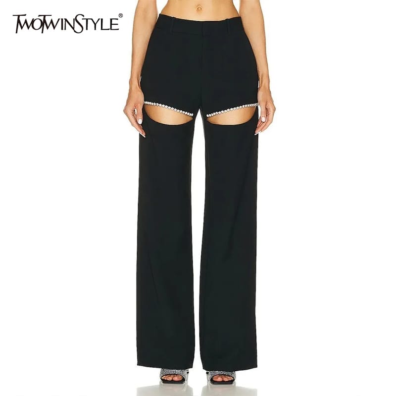 TWOTWINSTYLE Solid Wide Leg Pants For Women High Waist Hollow Out Spliced Diamonds Loose Straight Pant Female Fashion Clothing