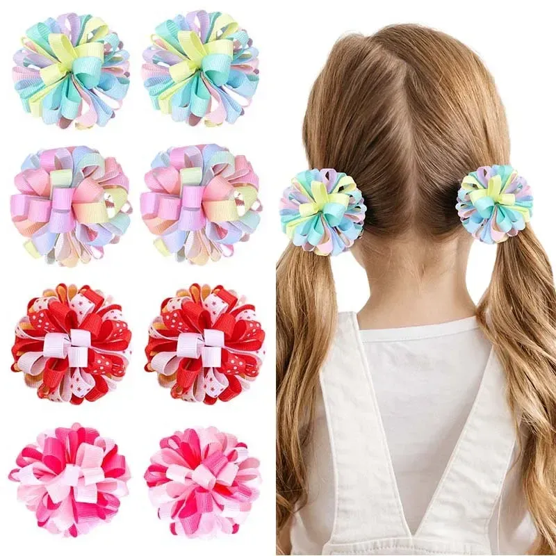 ncmama Fashion 2Pcs Ribbon Flower Hair Clips For Kids Girls Colorful Hairpin Barrettes Hairgrips Baby Headwear Hair Accessories