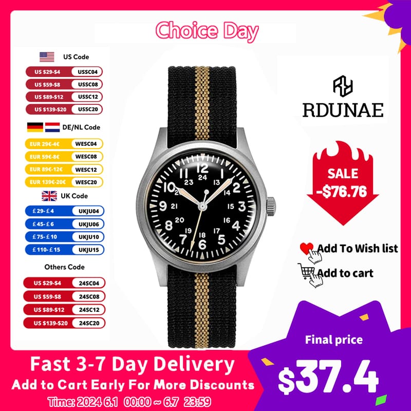 RDUNAE 34.5mm 2024 New Top Quartz Watches For Men Retro G10 Military Miyota 2035 Movemen Watches Mineral relogios masculino