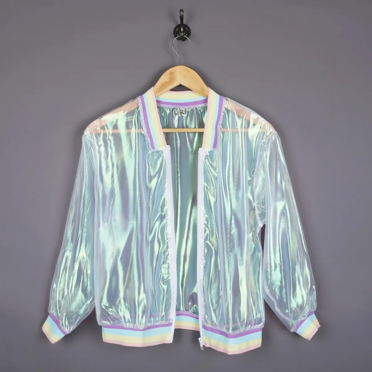 Women Iridescent Transparent Jacket Holographic Coat Laser Rainbow