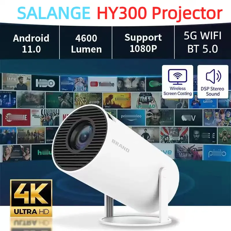 Salange MINI 4K Video Projector Smart for SAMSUNG Android 11 WiFi 300ANSI BT5.0 1280*720P HY300 for XiaoMi Outdoor Home Theater
