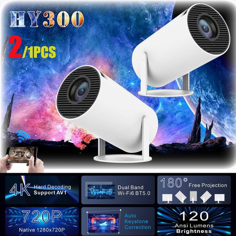 2/1PCS HY300 mini projector 4K Android 11 Projector WiFi6 1GB+8GB ROM BT5.0 Portable projector1280*720P  home theater projector
