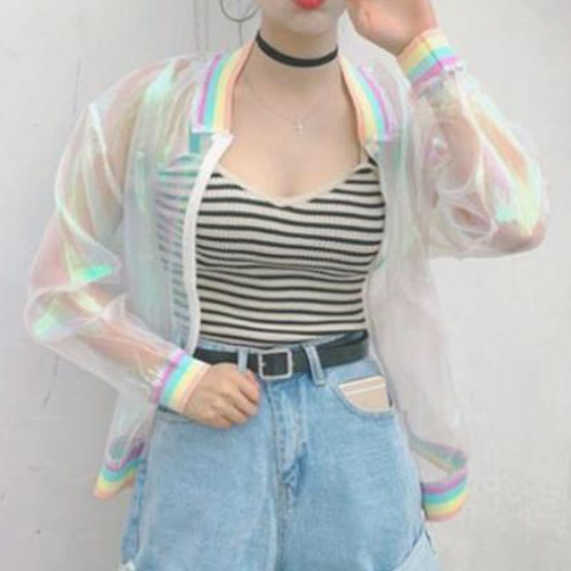 Women Iridescent Laser Transparent Coat Jacket Holographic Coat Rainbow Baseball Windbreaker Coats Woman Clothing