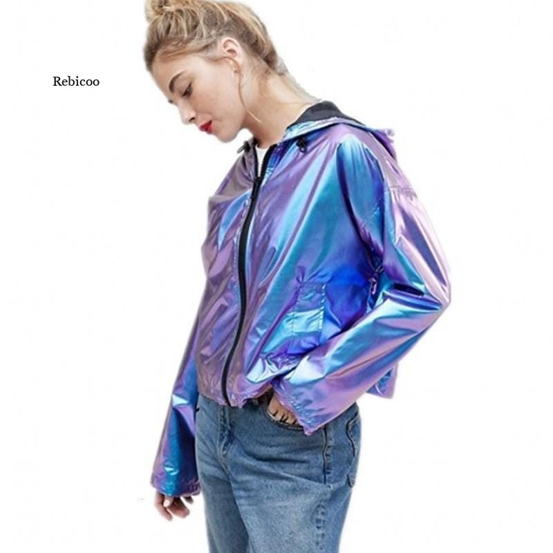 Women Jazz Dance Street Dance Clothing Women Rave Outfit Holographic Jacket Short Hooded  Neon Outfit Dance Crop Top