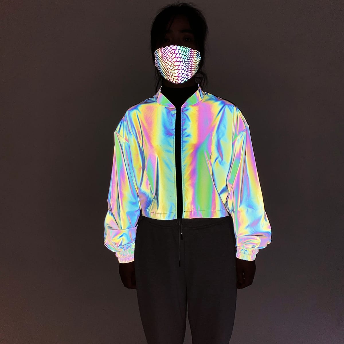 2023 Women's Holographic Reflective Rainbow Casual Stand-up Collar Jacket Reflective Rave Rainbow Short Outerwear Jacket Outfit