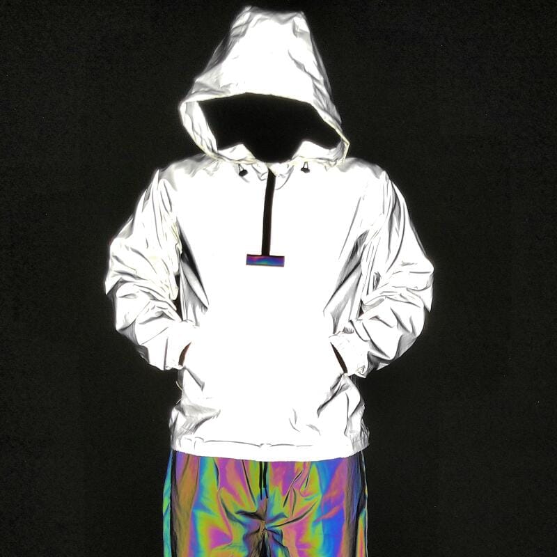 Unisex Holographic Men Night Reflective Hip Hop Jacket Colorful Reflective Ribbon Patchwork Pullover Windbreaker