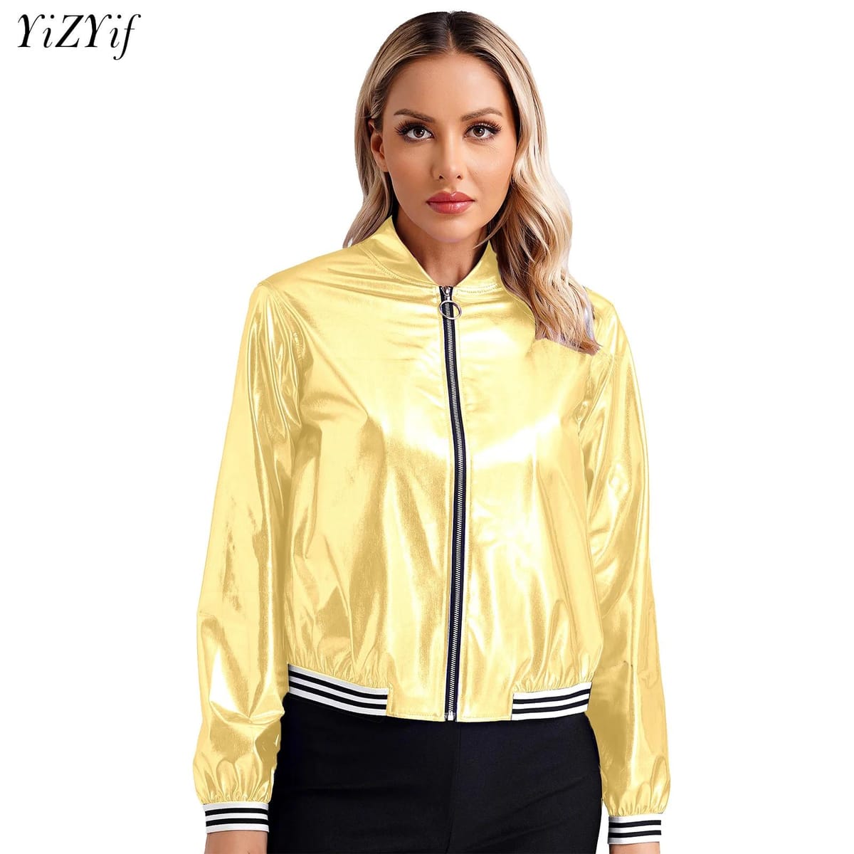Women Holographic Metallic Shiny Bomber Jacket Hip Hop Disco Dance Long Sleeve Front Zipper Striped Band Outerwear Baseball Coat
