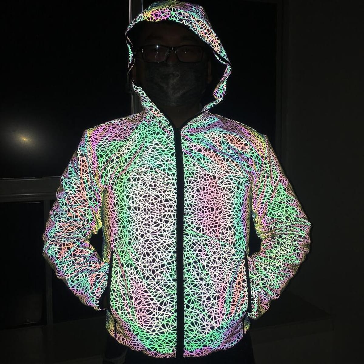 Plus Size 4XL Men Unisex Holographic Reflective “Bird’s Nest Pattern” Jacket Reflect Light Casual Coats