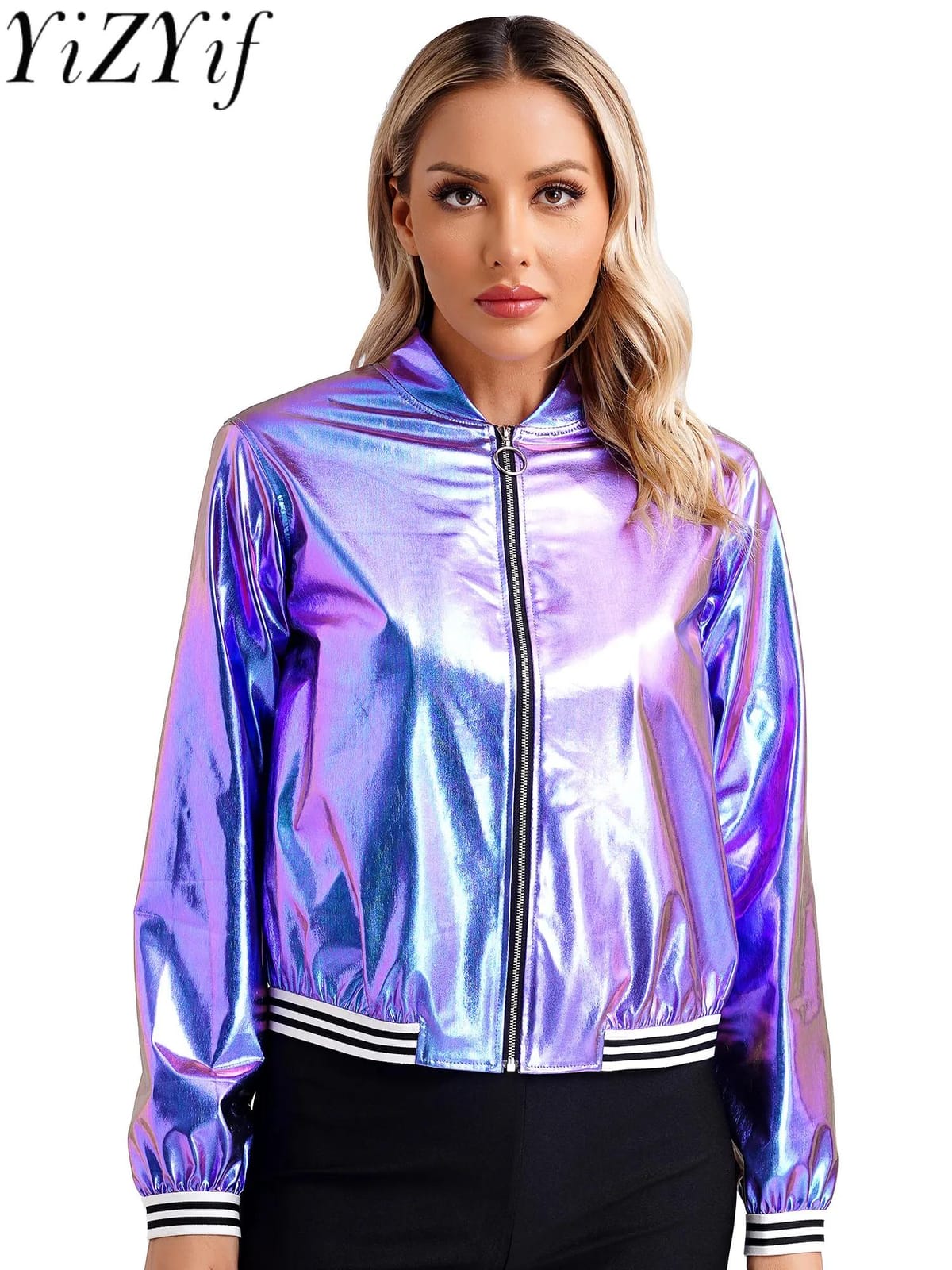#S-3XL Womens Holographic Metallic Shiny Bomber Jacket Long Sleeve Front Zipper Striped Band Outerwear Baseball Jacket Coat