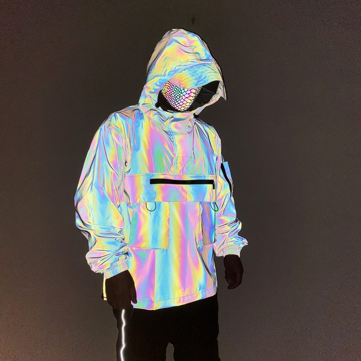 2023 Holographic Reflective Colorful Cargo Jacket Men's Half Zipper Hooded Pullover Jacket Windbreaker Rainbow Coat