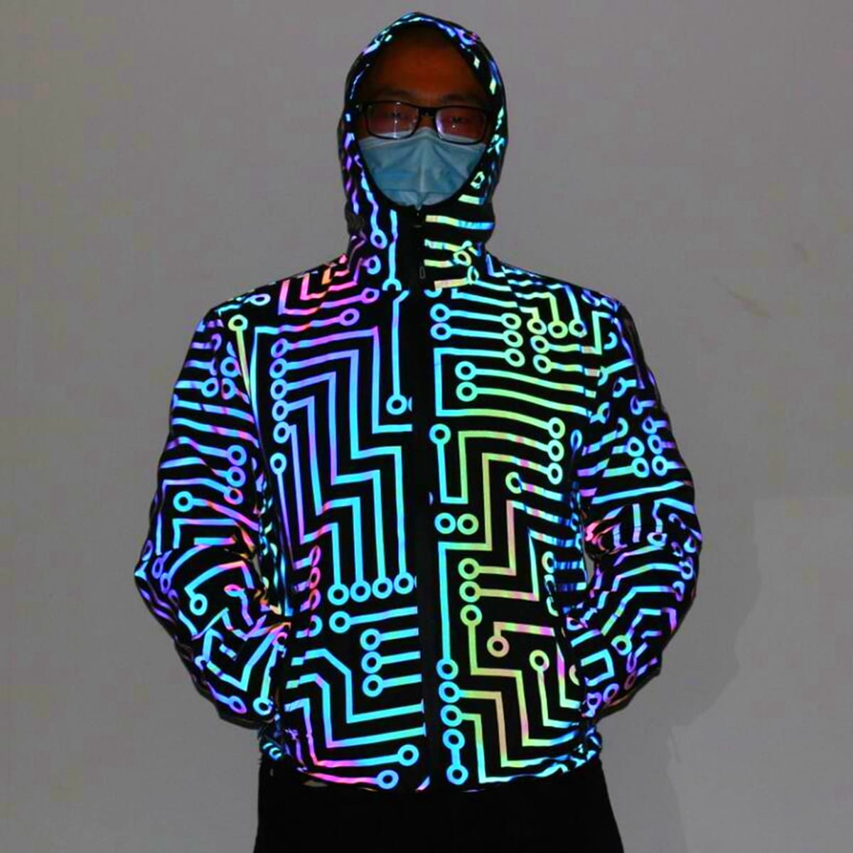 Plus Size 4XL Men Unisex Holographic Reflective “Circuit Pattern” Jacket Reflect Light Casual Coats