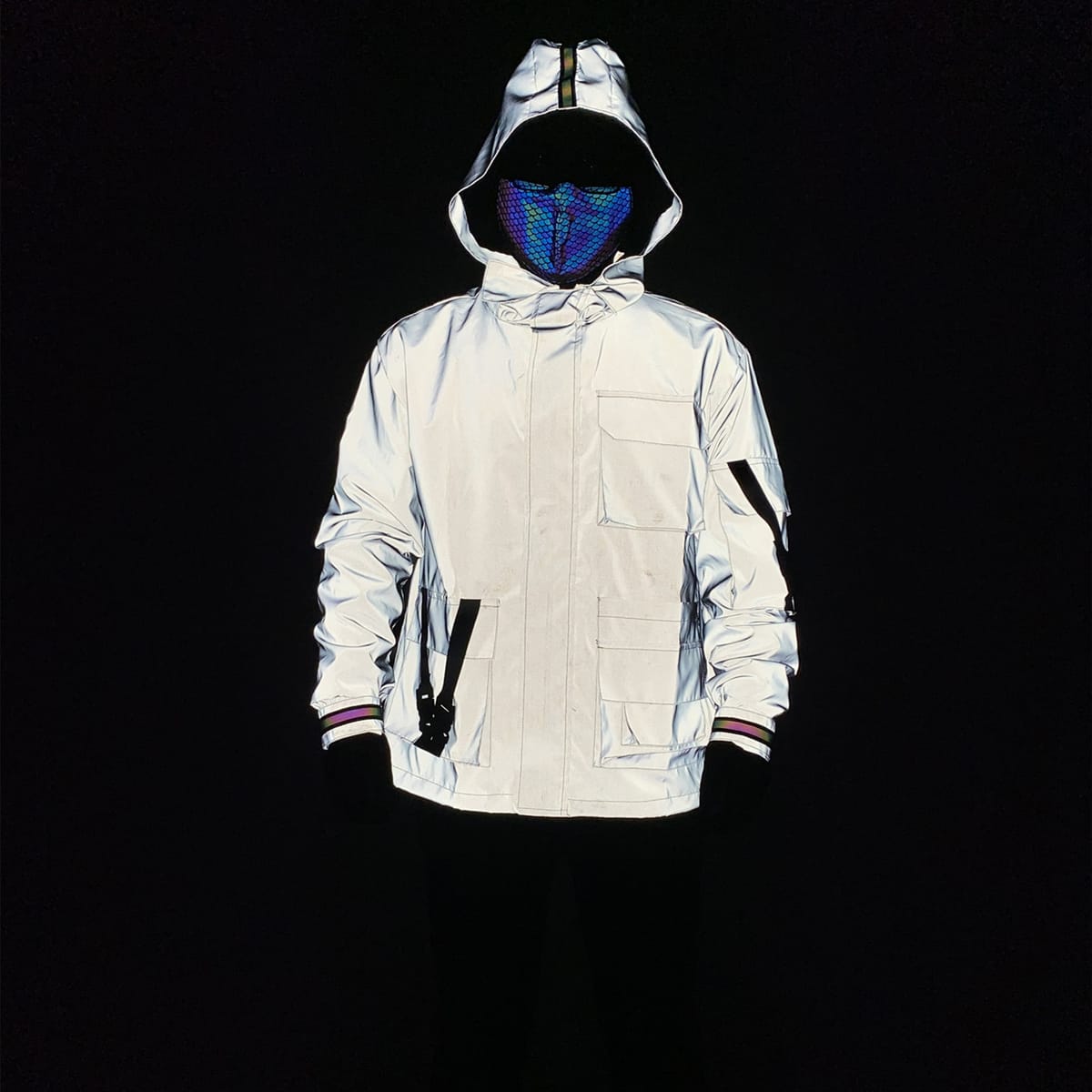 2023 Men's Holographic Reflective Zipper Hooded Cargo Jacket Windbreaker Coat Street Casual Streetwear Chaquetas