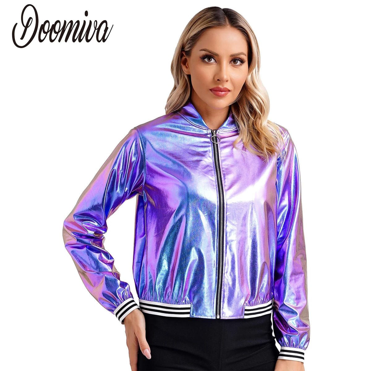 Women Holographic Metallic Shiny Bomber Jacket Cool Hip Hop Disco Dance Tops Long Sleeve Front Zipper Outerwear Baseball Coat