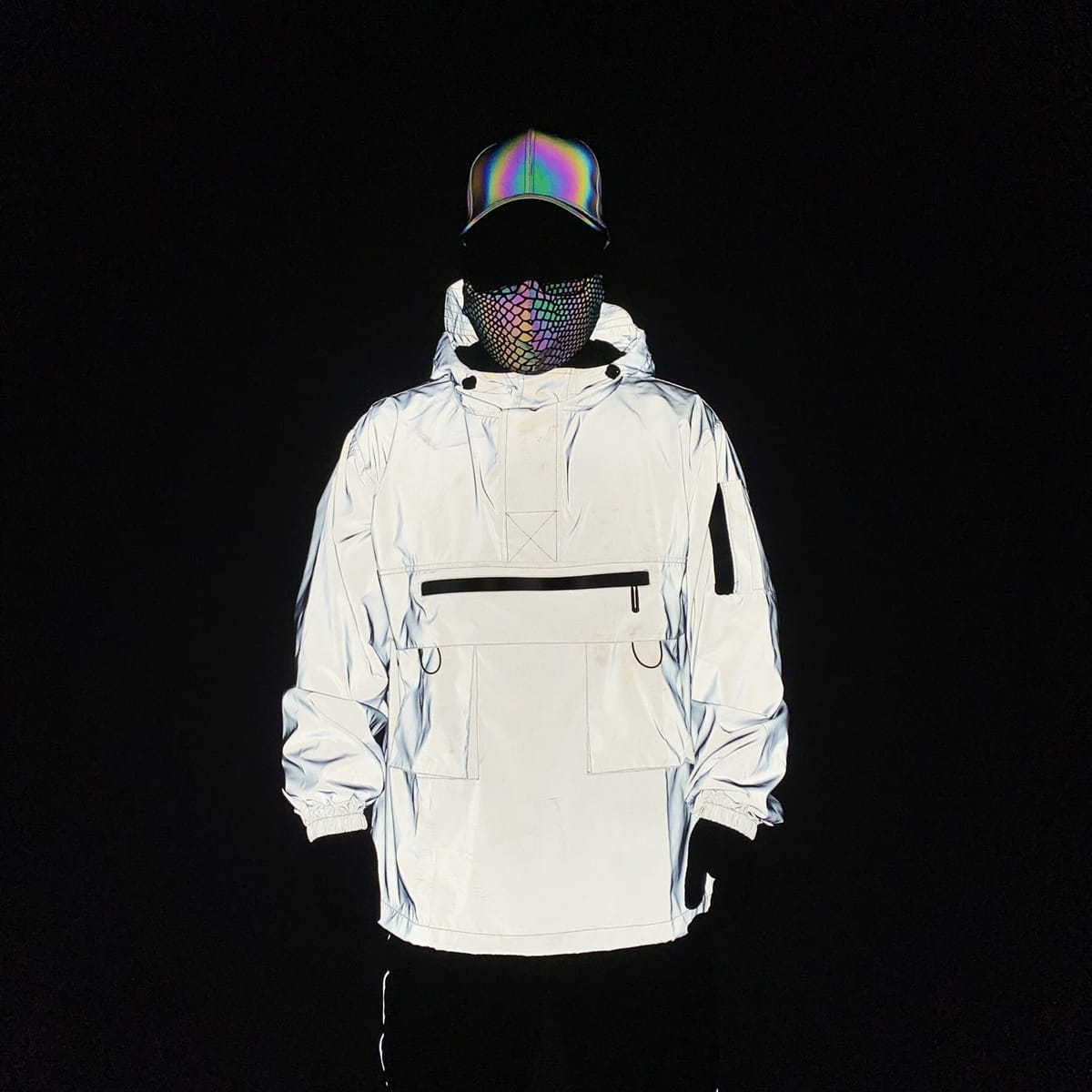 2023 Holographic Reflective Casual Cargo Jacket Men's Half Zipper Hooded Pullover Jacket Windbreaker Coat