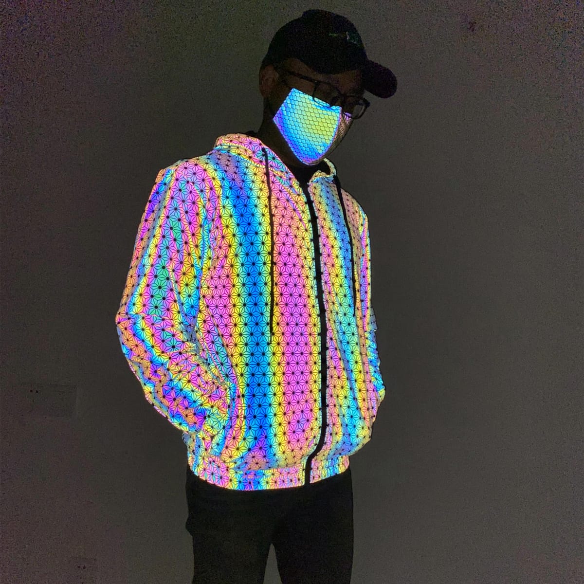 Men's Holographic Reflective "Geometric Pattern" Jacket Hip Hop Knitted Reflect Rainbow Casual Coats