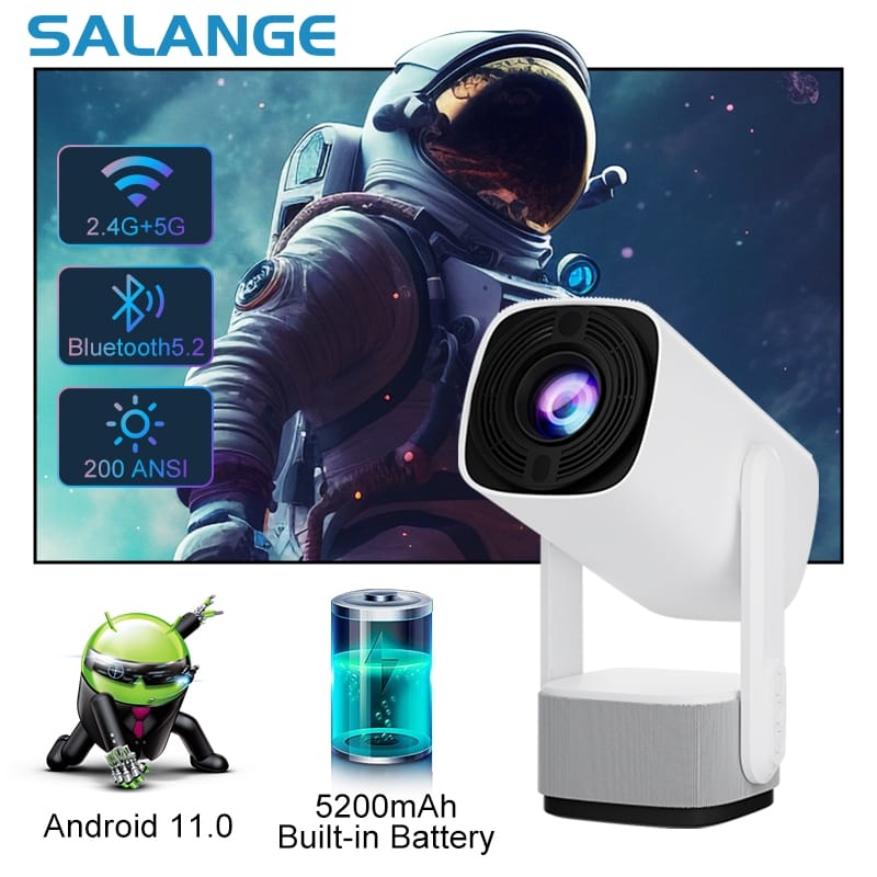 Salange 4K Projector K2 PK HY300 BT5.2 WIFI6 Smart Android 11 Built-in Battery 10W Speaker with RGB LED Lights Outdoor Projector