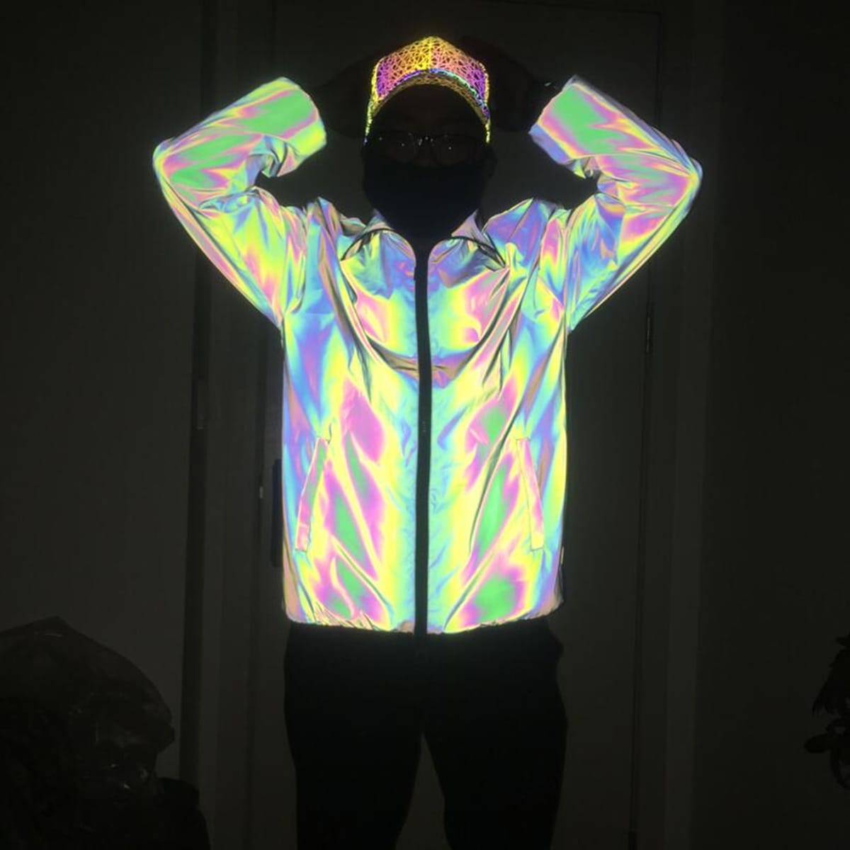 Unisex Holographic Men’s Geometric Colorful Rainbow Reflective Jacket Punk Shiny Casual Coats Outfit Streetwear