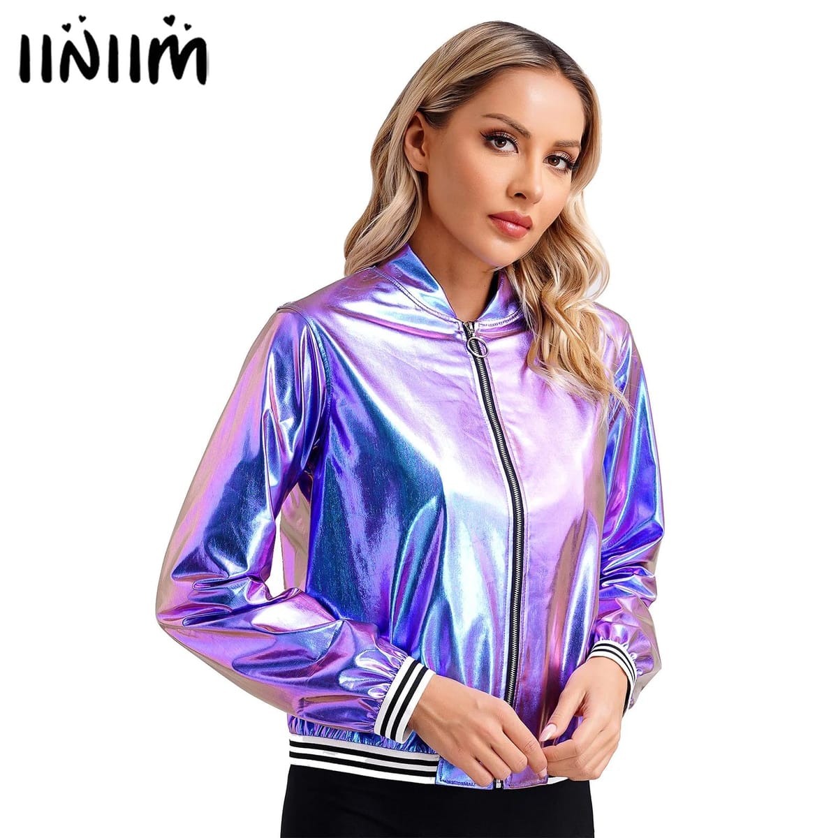 Womens Holographic Metallic Shiny Bomber Jacket Long Sleeve Front Zipper Striped Band Outerwear Baseball Jacket Coat
