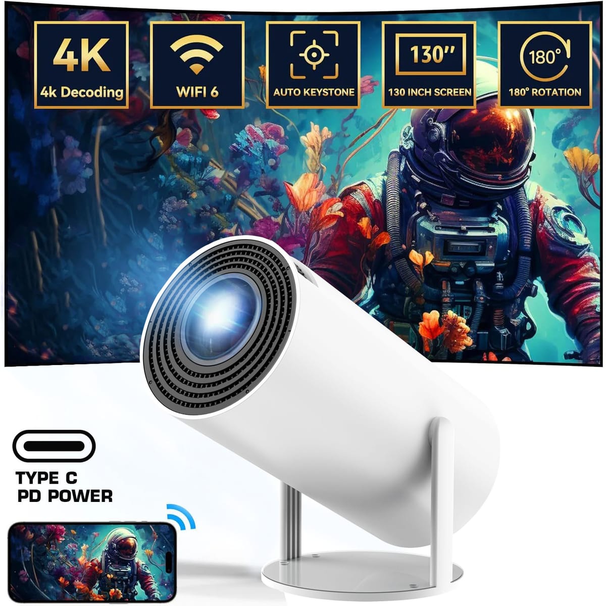 EGOBAS Type C HY300 Plus Mini Projector,Auto Keystone 4K Full HD Android WiFi6 BT5.0 200ANSI Hifi Home Portable Video Projector