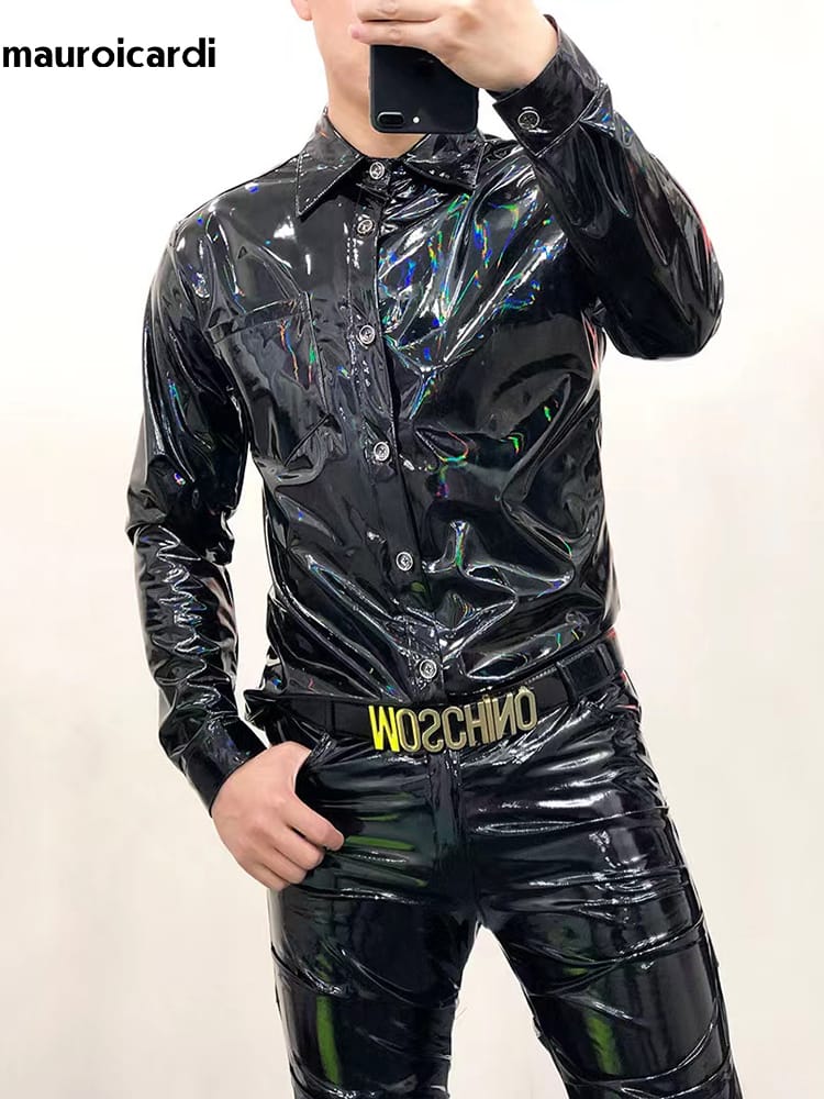 Mauroicardi Spring Autumn Cool Fitted Black Shiny Reflective Stretchy Holographic Faux Leather Shirt Jacket Men Emo Clothes 2023