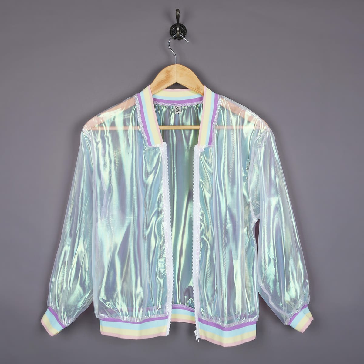 Women Iridescent Rainbow Color Organza Transparent Jacket Holographic Coat Laser Sunscreen Baseball Female Jackets Outwear