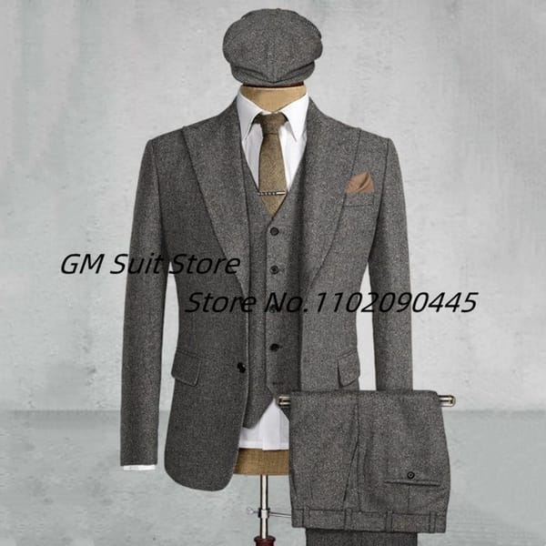 2022Men's 3-piece Suit (Jacket+Vest+Pants) Herringbone Lapel Solid Color Single-breasted Handsome British Style Suitable Wedding
