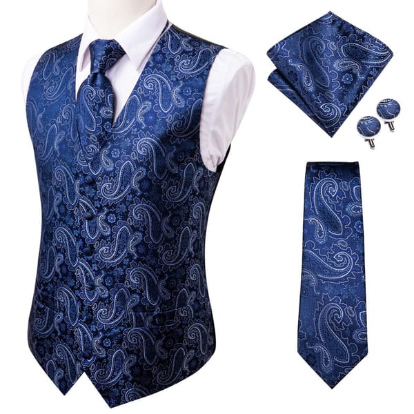 Hi-Tie 20 Color Silk Men's Vests Tie Business Formal Dress Slim Sleeveless Jacket 4PC Hanky Cufflink Blue Paisley Suit Waistcoat