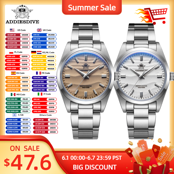 ADDIESDIVE Men's Watch Sand Dial 36mm Quartz Watch 100m Waterproof 316L Stainless Steel AR Coated Dome Glass WristWatch for Men