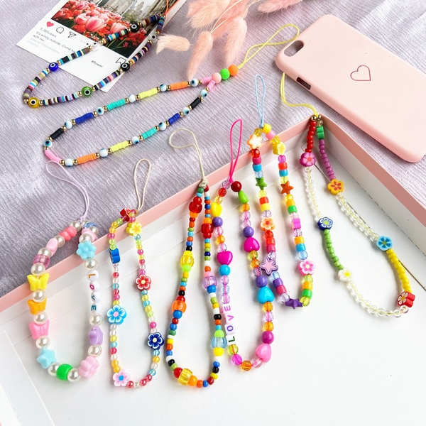 Colorful Acrylic Beads Mobile Phone Chain for Women Anti-lost Mobile Charm Strap Cute Keychain Bag Accessories Jewelry Gift