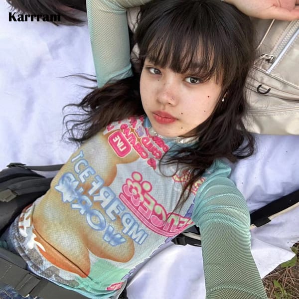 Karrram Y2k Aesthetics Mesh Tops 2000s Graphic Print T-shirts Japanese Harajuku Sheer Tops Fairyccore Shirring Tee Shirt E-girls