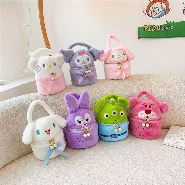 Sanrio Plush Handbag Cute Cartoon Melody Cosmetic Bag Fashionable Girl Crossbody Kids Bag Large Capacity Portable Storage Bag