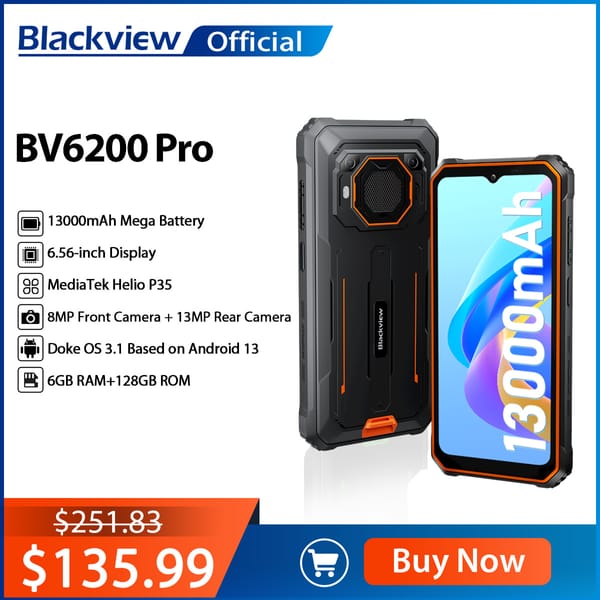 Blackview BV6200 Pro Rugged Phone Android 13 6.56'' Helio P35, 4GB+128GB Smartphone 13000mAh With 18W Fast Charge NFC Cell Phone