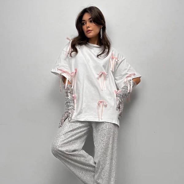 Bow-Tie Three-dimensional Decoration Tees Women Clothes Y2K Harajuku Streetwear Graphic T-Shirt Loose Casual Short Sleeves Tops