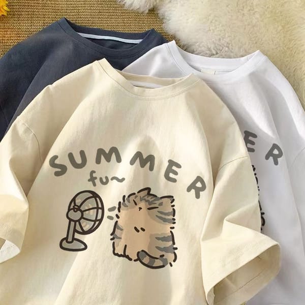 American Style Retro Cute Be in A Draught Kitten Print T-shirt for Men and Women Summer Fashion Trend Casual Couple Top Harajuku