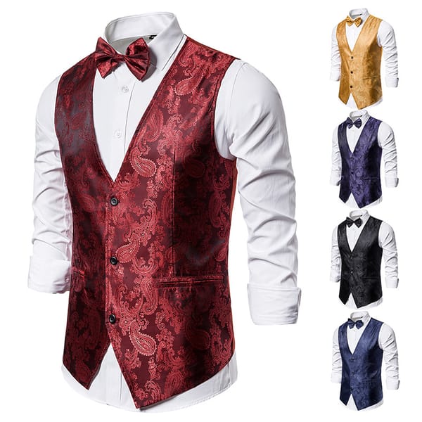 Wine Red Jacquard Suit Vest Men's Business Banquet Wedding Party Groom Dress Tops Size XXL-S